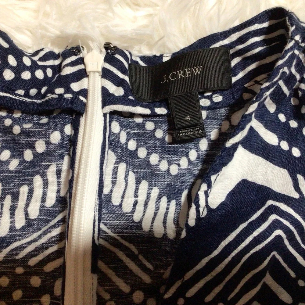 J. Crew Linen Jumpsuit Straight Leg Chevron Geo Zig Zag Blue White 4 Small - Picture 3 of 7